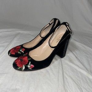 Womens Kate Spade Black Velour Ankle Strap Block High Heels Sz 8 Made In Italy